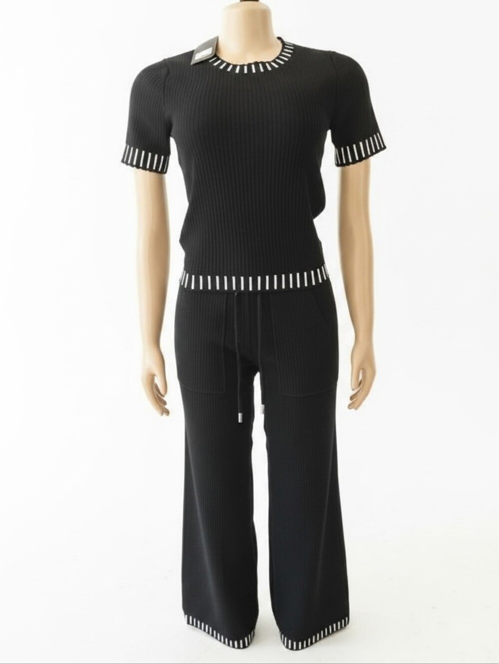 Black Ribbed Short-Sleeve Top & Wide-Leg Pants Set
